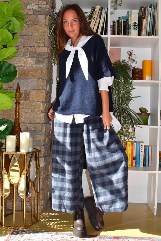 Nora Brushed Cotton Gingham Kick Pant Navy